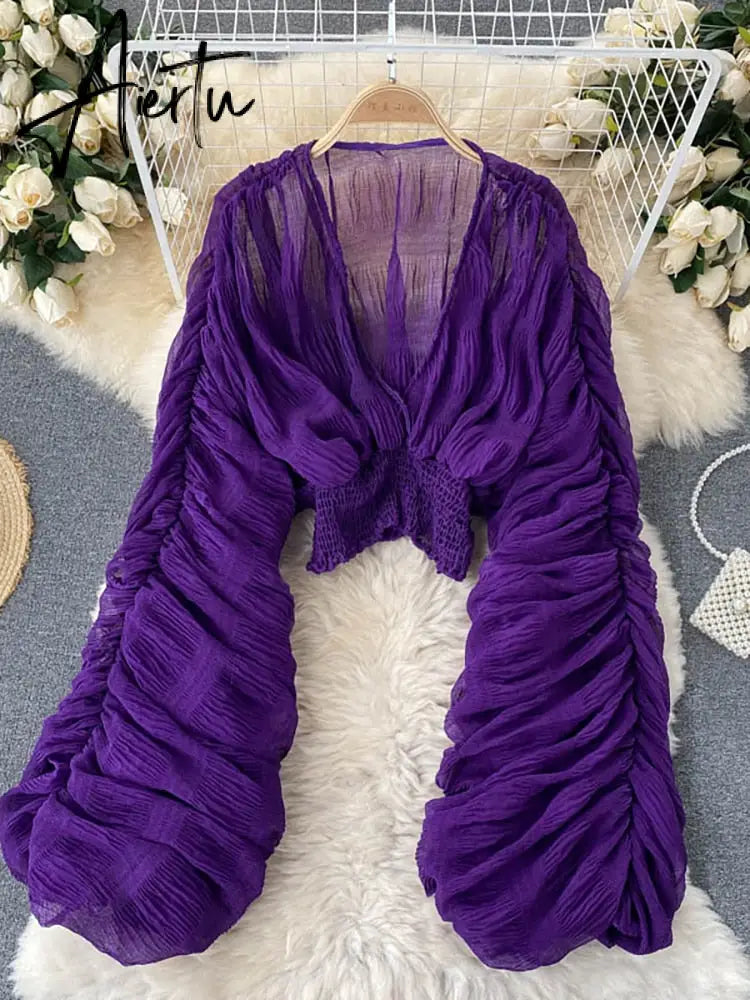 Aiertu Summer Sexy Draped Chiffon Blouse For Women Elegant V-Neck Puff Long Sleeve Short Tops Female Slim Party Shirts New Fashion Aiertu