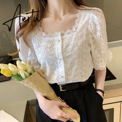 Aiertu Summer Shirt Korean Style Wild Lace Shirt Women Square Collar Short Sleeve Hollow Out Vintage Elegant Blouse Blusas 13934 Aiertu