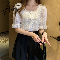 Aiertu Summer Shirt Korean Style Wild Lace Shirt Women Square Collar Short Sleeve Hollow Out Vintage Elegant Blouse Blusas 13934 Aiertu