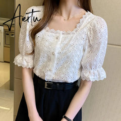 Aiertu Summer Shirt Korean Style Wild Lace Shirt Women Square Collar Short Sleeve Hollow Out Vintage Elegant Blouse Blusas 13934 Aiertu