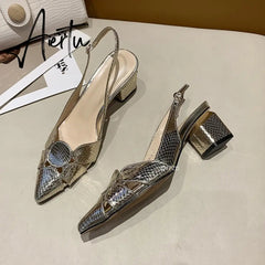 Aiertu Summer Shoes Sandals Fashion Women Leather 3cm High Heels Lady Pointe Toe Gold Heels Sandals Female Wedding Bridal Shoes Aiertu