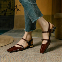 Aiertu Summer Shoes Women Square Toe Thick Heel Sandals Women Patent Leather Mixed Colors Low Heel Wine Red/Beige Shoes for Women Aiertu