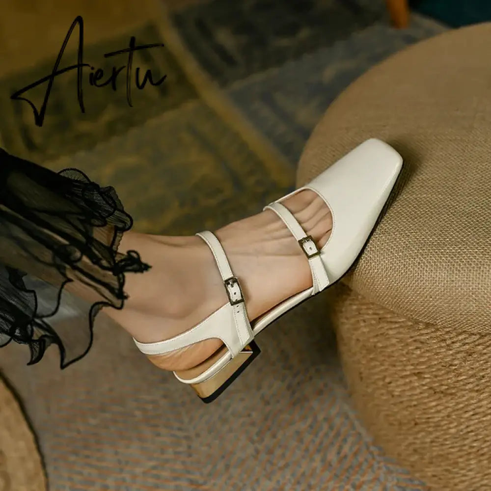Aiertu Summer Shoes Women Square Toe Thick Heel Sandals Women Patent Leather Mixed Colors Low Heel Wine Red/Beige Shoes for Women Aiertu