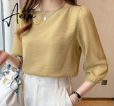 Aiertu Summer Short Sleeve Chiffon Shirts Ladies Korean Chic Plaid Lantern Sleeve Loose Blouse Women Fashion Slash Neck Tops 15214 Aiertu