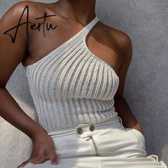Aiertu Summer Shoulder Off Tank Top Women Camisole Solid Slim Cropped Knitted Cotton Tee Shirt Femme Tanks Camis Tops Woman Aiertu