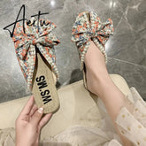 Aiertu Summer Slipper Flat Slippers for Women Outdoor Pearl Slipper Linen Insole Broken Flower Bow Sandals Pantuflas Para Mujer Aiertu