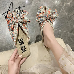 Aiertu Summer Slipper Flat Slippers for Women Outdoor Pearl Slipper Linen Insole Broken Flower Bow Sandals Pantuflas Para Mujer Aiertu