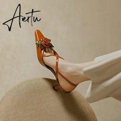 Aiertu Summer/Spring Woman Shoes Cow Leather Pointed Toe Women Sandals Flowers High Heels Slingback Stiletto Retro Shoes for Women Aiertu