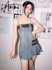 Aiertu Summer Vintage Fashion Denim Dress Women Casual Designer Party Mini Dress Female Backless Korean Style Elegant Dress New Aiertu