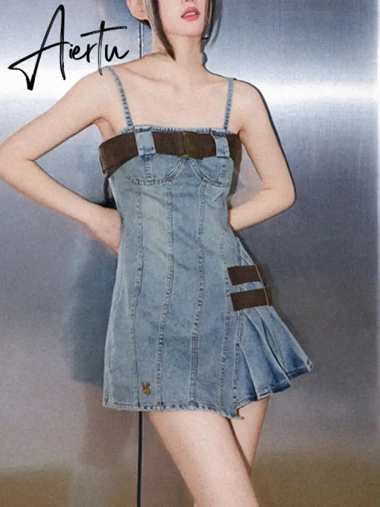 Aiertu Summer Vintage Fashion Denim Dress Women Casual Designer Party Mini Dress Female Backless Korean Style Elegant Dress New Aiertu