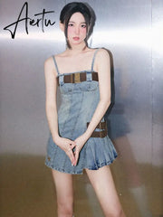 Aiertu Summer Vintage Fashion Denim Dress Women Casual Designer Party Mini Dress Female Backless Korean Style Elegant Dress New Aiertu