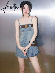 Aiertu Summer Vintage Fashion Denim Dress Women Casual Designer Party Mini Dress Female Backless Korean Style Elegant Dress New Aiertu