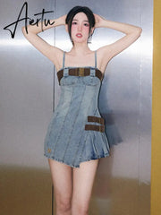 Aiertu Summer Vintage Fashion Denim Dress Women Casual Designer Party Mini Dress Female Backless Korean Style Elegant Dress New Aiertu