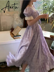 Aiertu Summer Vintage Floral Midi Dress Women Short Sleeve Party Casual Formal Dress Office Lady One Piece Dress Korean Chic Aiertu