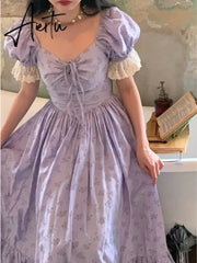 Aiertu Summer Vintage Floral Midi Dress Women Short Sleeve Party Casual Formal Dress Office Lady One Piece Dress Korean Chic Aiertu
