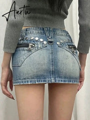 Aiertu Summer Woman Japanese Y2k Denim Skirt Low Rise Jean Cargo Skirt Mini Sexy Hot Gyaru 2000s Aesthetics American Style Cyber Punk Aiertu