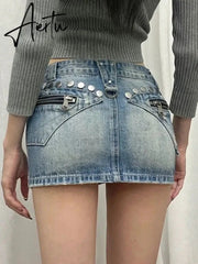 Aiertu Summer Woman Japanese Y2k Denim Skirt Low Rise Jean Cargo Skirt Mini Sexy Hot Gyaru 2000s Aesthetics American Style Cyber Punk Aiertu