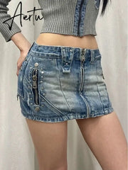 Aiertu Summer Woman Japanese Y2k Denim Skirt Low Rise Jean Cargo Skirt Mini Sexy Hot Gyaru 2000s Aesthetics American Style Cyber Punk Aiertu