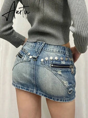Aiertu Summer Woman Japanese Y2k Denim Skirt Low Rise Jean Cargo Skirt Mini Sexy Hot Gyaru 2000s Aesthetics American Style Cyber Punk Aiertu