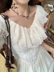 Aiertu Summer Women Fashion Vintage Casual Midi Lace Dress Elegant Lady Vestdios Female A Line Party Clothes Aiertu