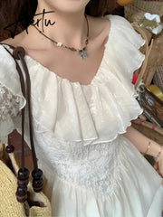 Aiertu Summer Women Fashion Vintage Casual Midi Lace Dress Elegant Lady Vestdios Female A Line Party Clothes Aiertu