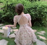 Aiertu Summer Women Floral Mini Party Dress Backless Bandage Lace Sexy Sweet Dress Puff Sleeve Prairie Chic Feminine One Piece Dresses Aiertu