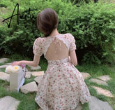 Aiertu Summer Women Floral Mini Party Dress Backless Bandage Lace Sexy Sweet Dress Puff Sleeve Prairie Chic Feminine One Piece Dresses Aiertu