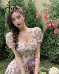 Aiertu Summer Women Floral Mini Party Dress Backless Bandage Lace Sexy Sweet Dress Puff Sleeve Prairie Chic Feminine One Piece Dresses Aiertu