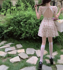 Aiertu Summer Women Floral Mini Party Dress Backless Bandage Lace Sexy Sweet Dress Puff Sleeve Prairie Chic Feminine One Piece Dresses Aiertu