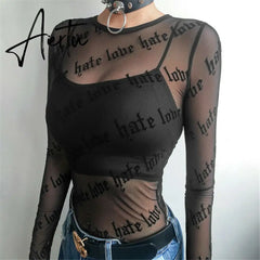 Aiertu Summer Women Letter Print Mesh T-Shirts Fashion Tops See-Through Perspective Long Sleeve Black Tee Shirt Club Blusas Aiertu