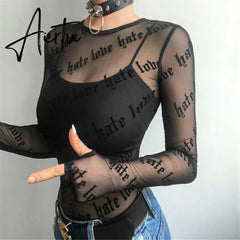 Aiertu Summer Women Letter Print Mesh T-Shirts Fashion Tops See-Through Perspective Long Sleeve Black Tee Shirt Club Blusas Aiertu