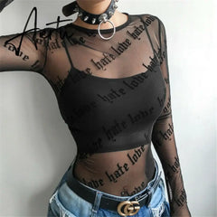 Aiertu Summer Women Letter Print Mesh T-Shirts Fashion Tops See-Through Perspective Long Sleeve Black Tee Shirt Club Blusas Aiertu