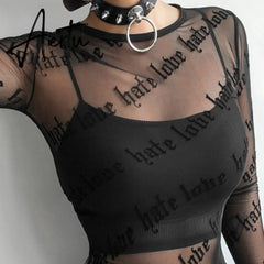 Aiertu Summer Women Letter Print Mesh T-Shirts Fashion Tops See-Through Perspective Long Sleeve Black Tee Shirt Club Blusas Aiertu
