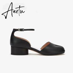 Aiertu Summer Women Mary Jane Real Pig Leather Shoes High Heels Round Heel Shoes Ballet Ankle Strap Pumps Ninja Split Toe Sandals Aiertu