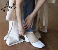 Aiertu Summer Women Mary Jane Real Pig Leather Shoes High Heels Round Heel Shoes Ballet Ankle Strap Pumps Ninja Split Toe Sandals Aiertu