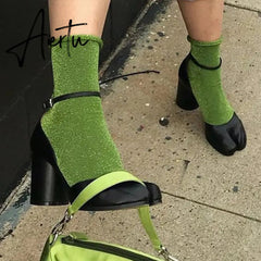 Aiertu Summer Women Mary Jane Real Pig Leather Shoes High Heels Round Heel Shoes Ballet Ankle Strap Pumps Ninja Split Toe Sandals Aiertu