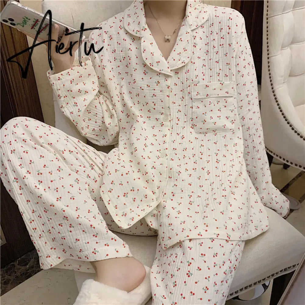 Aiertu Summer Women Pajamas Set Sleepwear Pijama Turn-down Femme Satin Cotton Comfort Loose Homewear Women's Pyjama Set Aiertu
