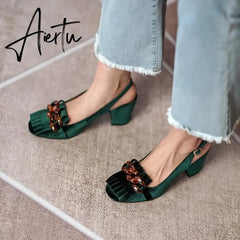 Aiertu Summer Women Sandals Flock Chunky Heel High Heels Retro Velvet Slingback Shoes for Women Crystal Tassel Women Pumps Party Shoes Aiertu