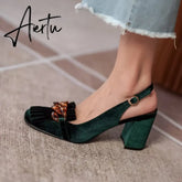 Aiertu Summer Women Sandals Flock Chunky Heel High Heels Retro Velvet Slingback Shoes for Women Crystal Tassel Women Pumps Party Shoes Aiertu