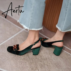 Aiertu Summer Women Sandals Flock Chunky Heel High Heels Retro Velvet Slingback Shoes for Women Crystal Tassel Women Pumps Party Shoes Aiertu
