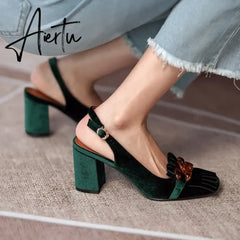 Aiertu Summer Women Sandals Flock Chunky Heel High Heels Retro Velvet Slingback Shoes for Women Crystal Tassel Women Pumps Party Shoes Aiertu