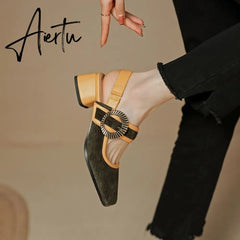 Aiertu summer women sandals natural leather22-24.5cm Corduroy fabric upper Sexy retro comfortable back empty shoes Buckle Mary Jane Aiertu