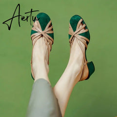 Aiertu Summer Women Sandals Round Toe Cover Heel Gladiator Shoes Women Sheep Suede Women Shoes Vintage Cutout Flat Roman Sandals Aiertu