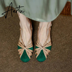 Aiertu Summer Women Sandals Round Toe Cover Heel Gladiator Shoes Women Sheep Suede Women Shoes Vintage Cutout Flat Roman Sandals Aiertu