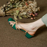 Aiertu Summer Women Sandals Round Toe Cover Heel Gladiator Shoes Women Sheep Suede Women Shoes Vintage Cutout Flat Roman Sandals Aiertu