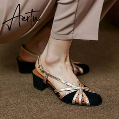 Aiertu Summer Women Sandals Round Toe Cover Heel Gladiator Shoes Women Sheep Suede Women Shoes Vintage Cutout Flat Roman Sandals Aiertu