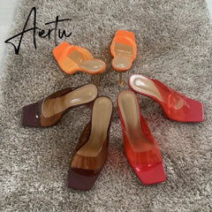Aiertu Summer Women sandals Sexy Transparent Heel Slippers Sandal Shoes Woman Thin High Heels Square Toe Sandal Lady Pump Shoes Mules Aiertu
