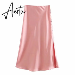 Aiertu Summer Women Satin Elastic Waist Side Slit A-Line Skirt New Fashion Lady Button Decoration Falda Midi LUJIA ALAN P1597 Aiertu