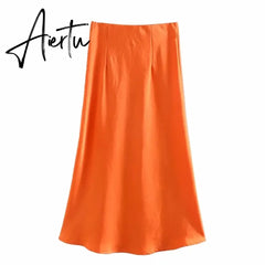 Aiertu Summer Women Satin Elastic Waist Side Slit A-Line Skirt New Fashion Lady Button Decoration Falda Midi LUJIA ALAN P1597 Aiertu