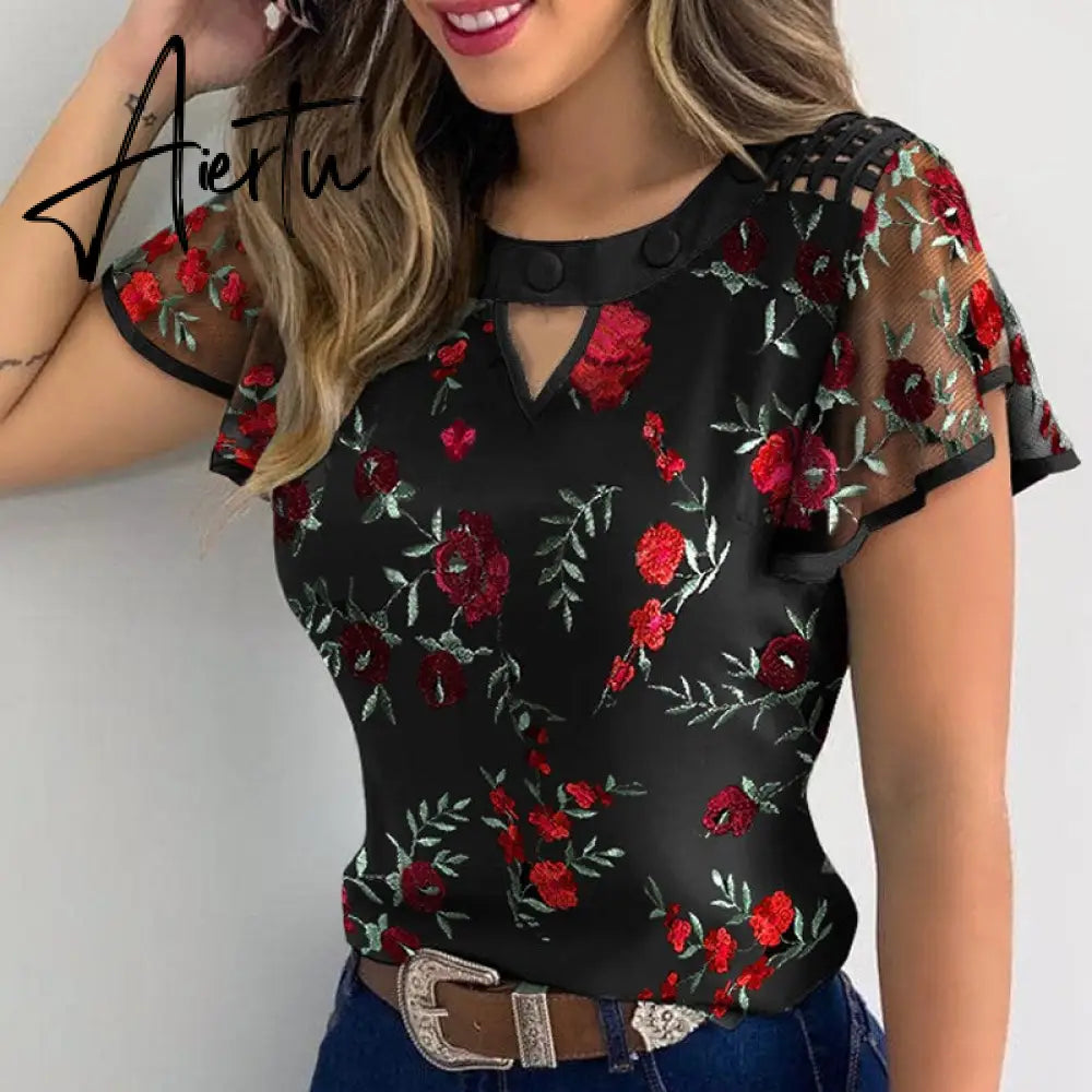 Aiertu Summer Women Shirts Elegant Butterfly Short Sleeves Blouse Ruffle Tops Solid Hollow Out Loose Floral Embroidery Casual Lady Tops Aiertu